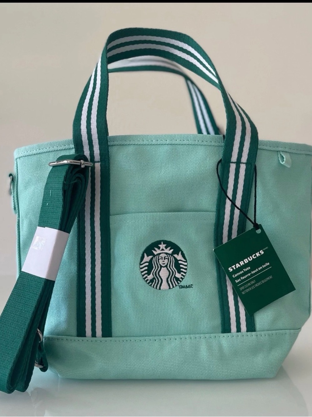 Starbucks Mint Green Tote with Dark Green Striped Handles